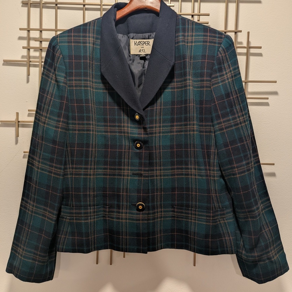 VTG Kasper ASL Plaid Blazer Jacket Navy Blue‎ Green Womens 14 Academia Festive
